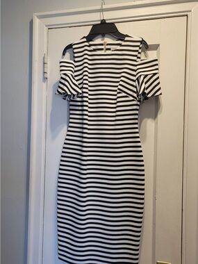 Calvin Klein Striped Cold-Shoulder Midi Dress in Black and White Like New Size 2
